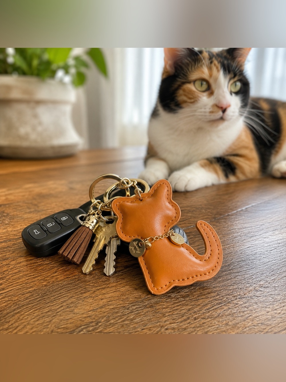 Brown Faux Leather Cat Keychain Bag Charm Tassel Gold Tone Cute Kawaii